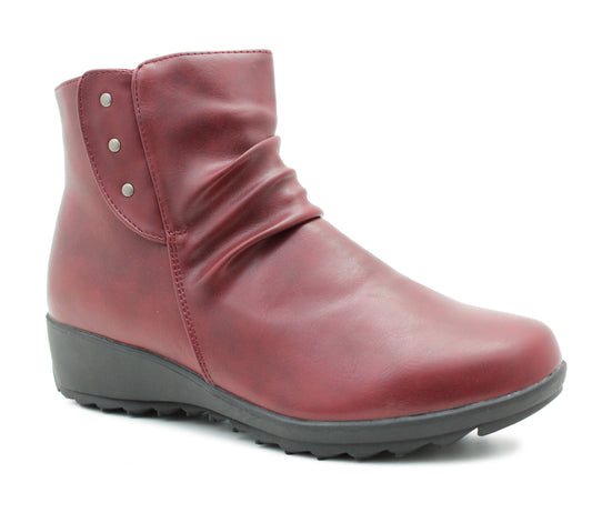 Womens Ankle Boots Burgundy Fur Lined Winter Warm Zip Slip On Smart Casual Office Low Wedge Boots