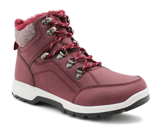 Womens Thermal Hiking Boots Burgundy Warm Faux Fur Lined Insulated Lace Up Trekking Ankle Snow Boots