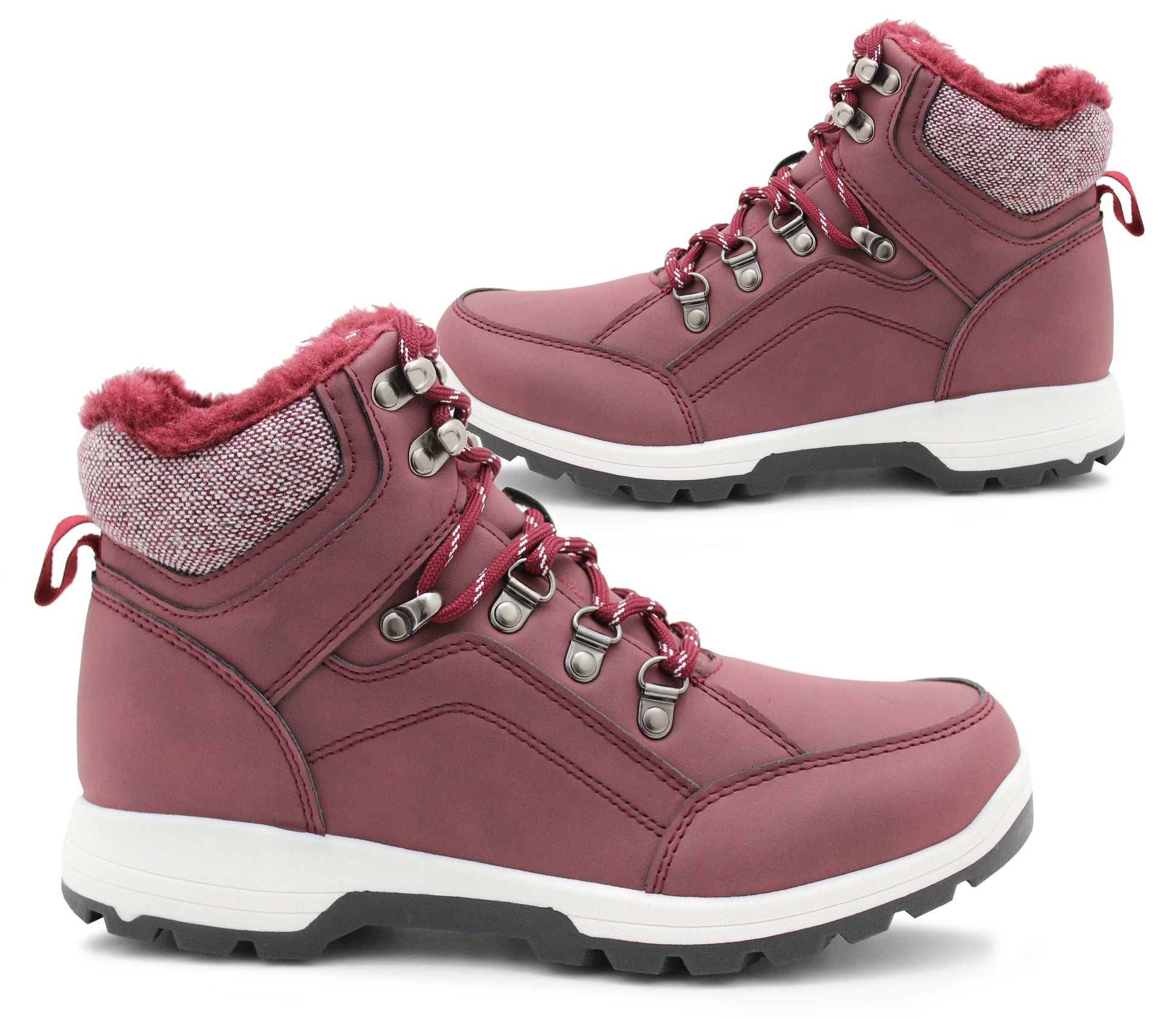 Womens Thermal Hiking Boots Burgundy Warm Faux Fur Lined Insulated Lace Up Trekking Ankle Snow Boots