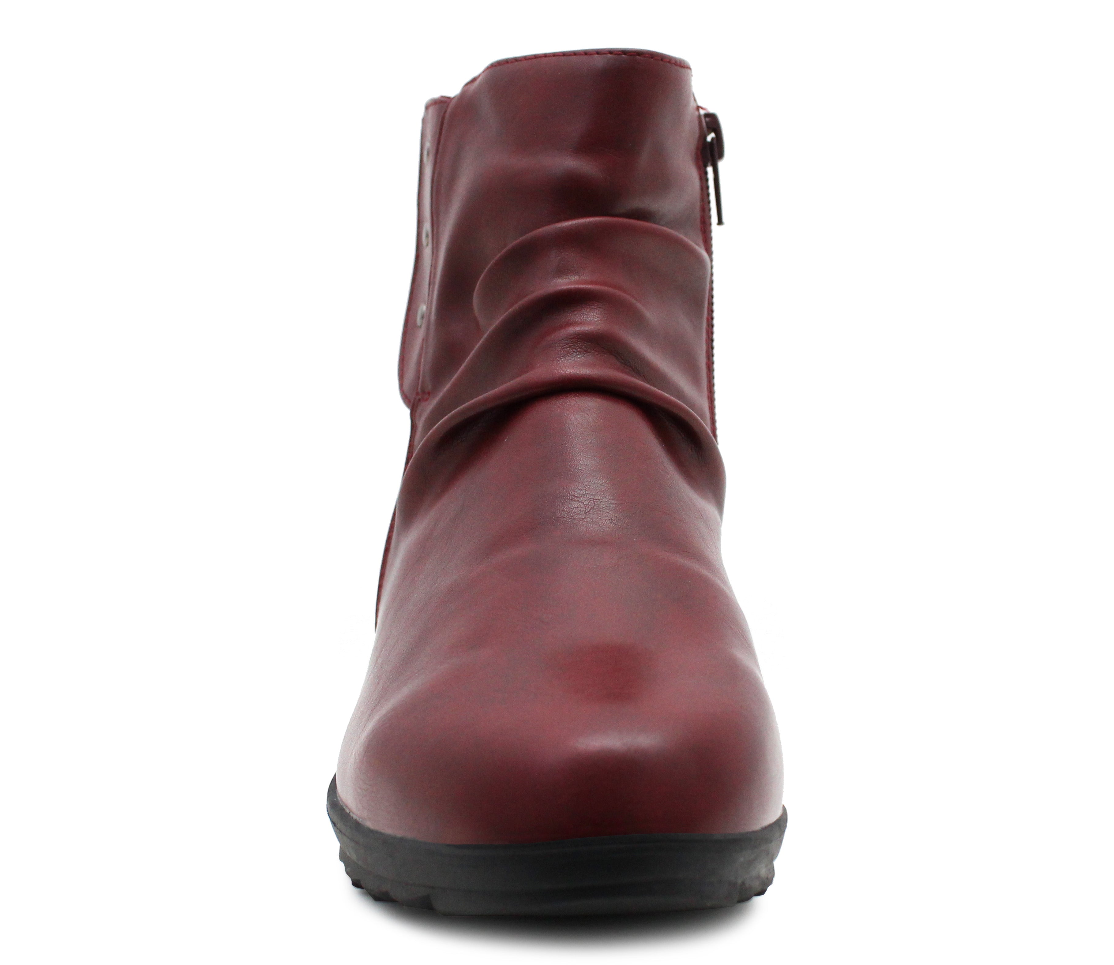 Womens Ankle Boots Burgundy Fur Lined Winter Warm Zip Slip On Smart Casual Office Low Wedge Boots