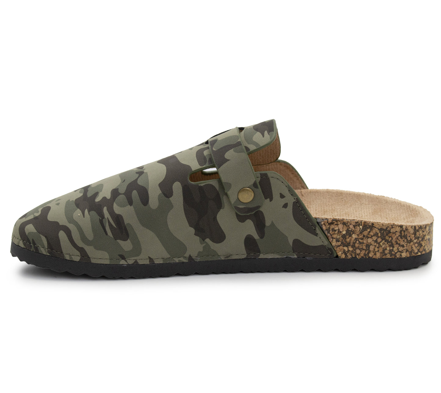 Mens Camo Clogs Slip On Adjustable Buckle Cork Footbed Arch Support Backless Mules Flat Casual Slippers