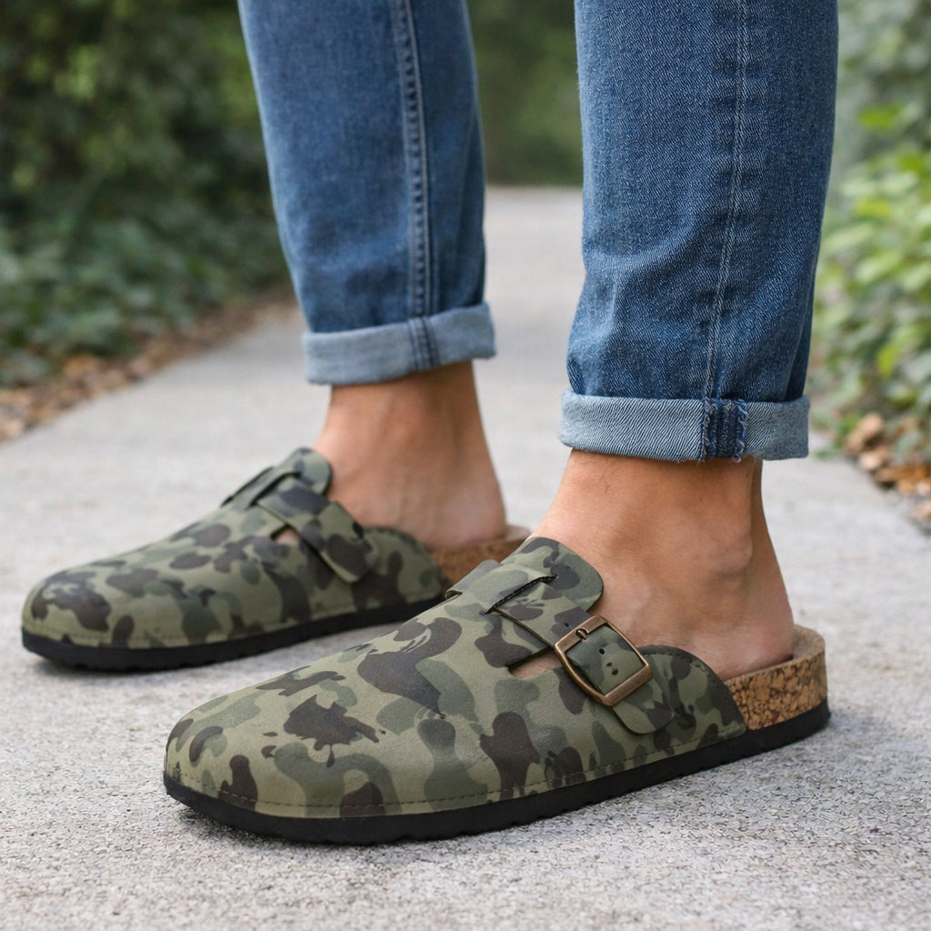 Mens Camo Clogs Slip On Adjustable Buckle Cork Footbed Arch Support Backless Mules Flat Casual Slippers