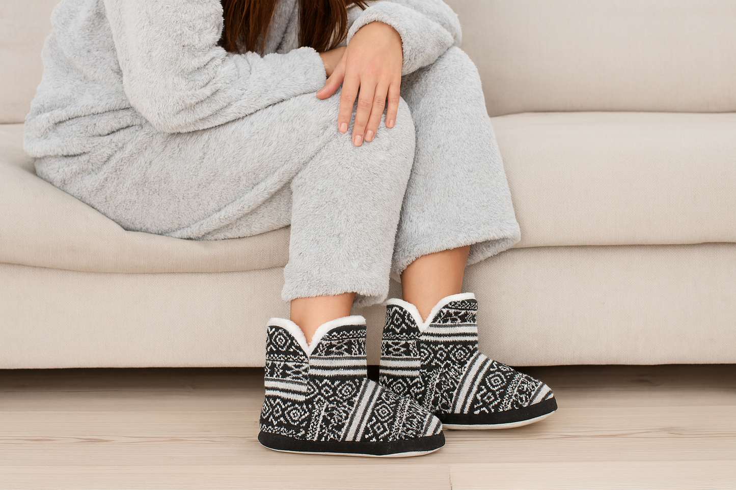 Womens Ankle Boot Slippers Knitted Fair Isle Warm Faux Fur Lined Slip On Cosy Lightweight Snuggle Booties