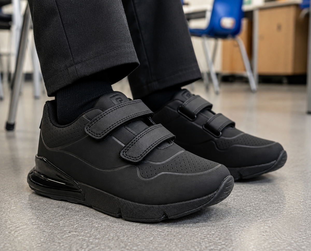 Kids Boys Black School Trainers Easy Fasten Touch Fastening Shoes Faux Leather Smart Uniform Sports Sneakers for Toddlers, Juniors & Older Boys