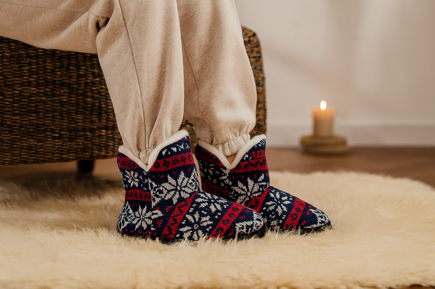 Womens Ankle Boot Slippers Knitted Fair Isle Warm Faux Fur Lined Slip On Cosy Lightweight Snuggle Booties