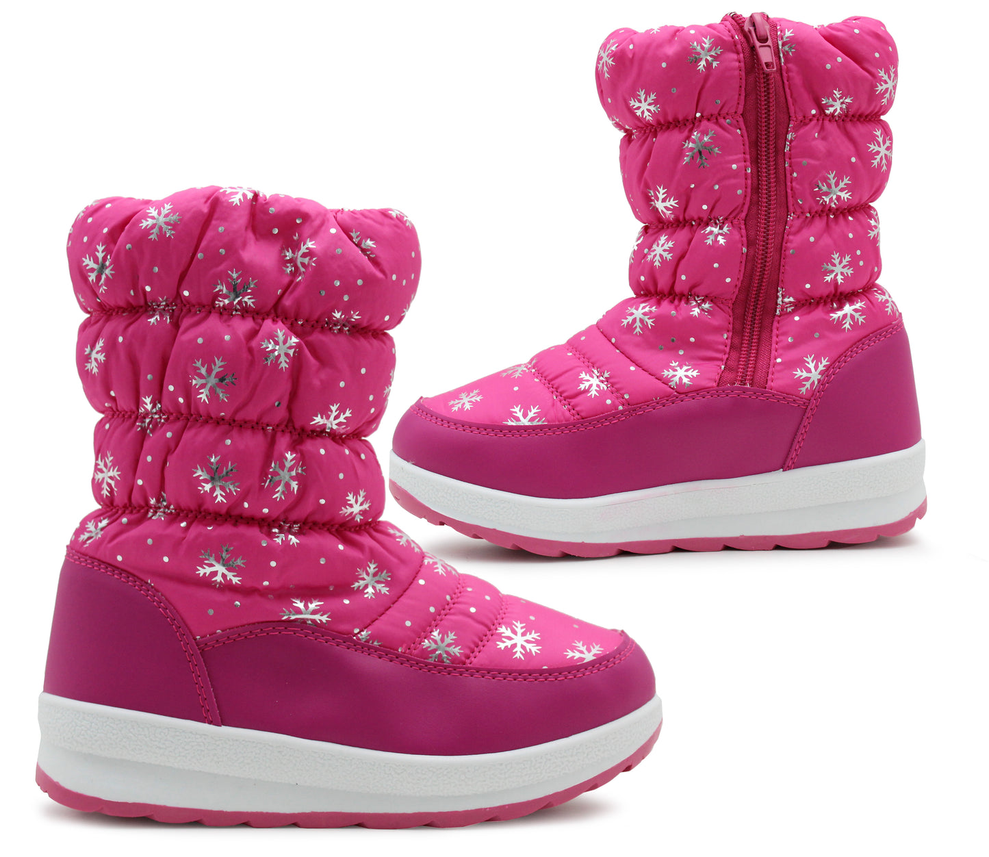 Girls Fuchsia Pink Winter Snow Boots Kids Thermal Quilted Faux Fur Lined Zip Up Mid Calf Ankle Booties