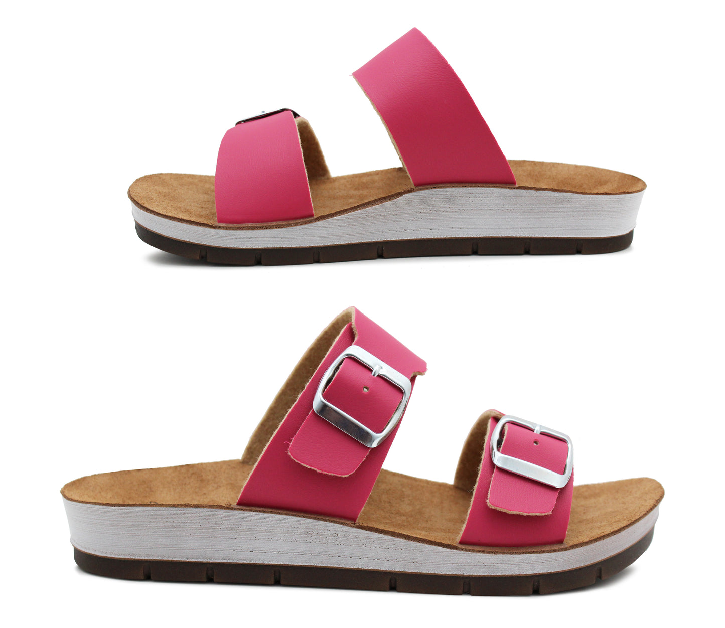 Womens Twin Buckle Strap Sandals in Fuchsia Pink Adjustable Slip On Mule Flat Summer Casual Ladies Fashion Slides