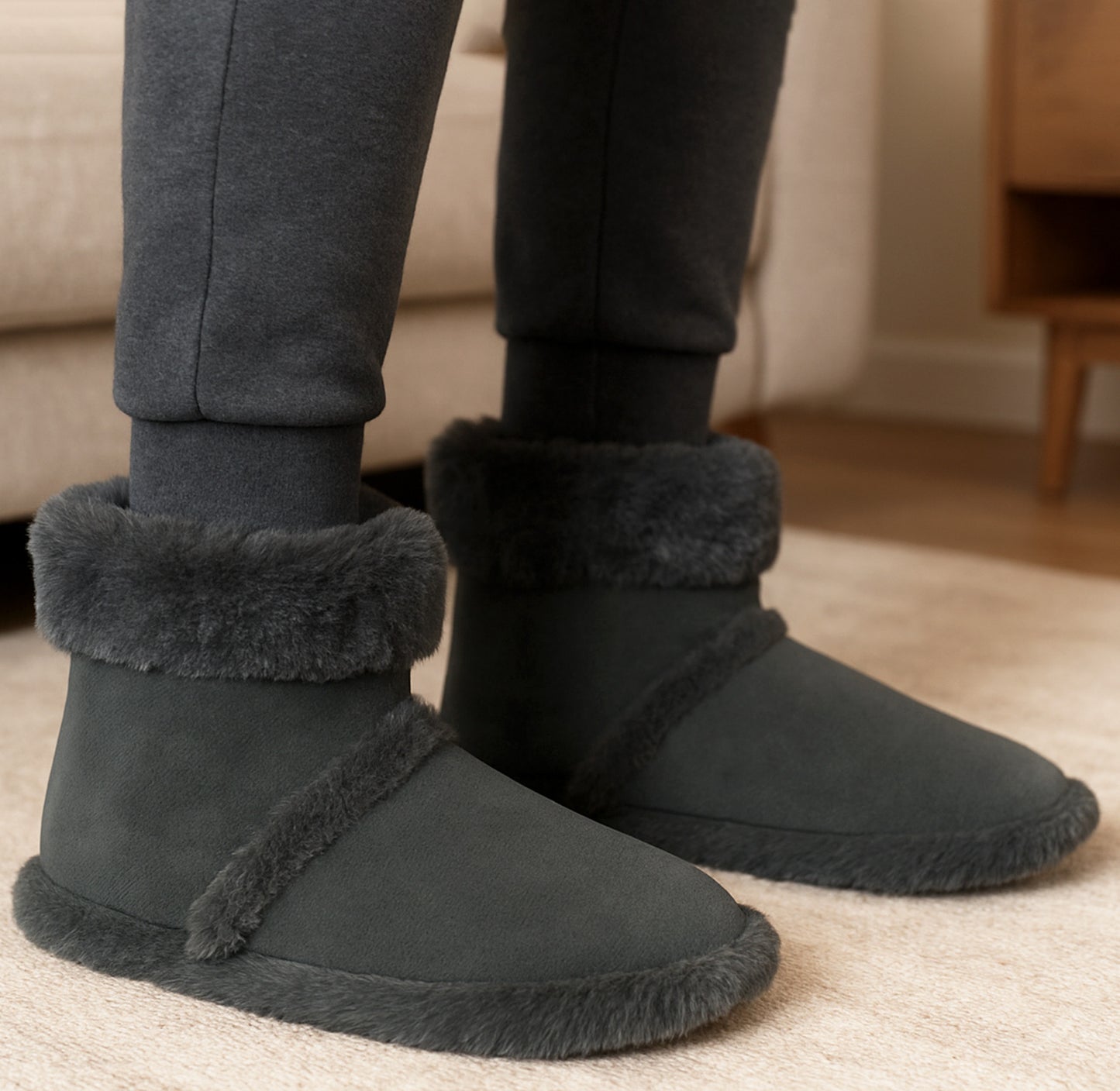 Mens Ankle Slipper Boots Warm Faux Fur Lined Winter Booties Lightweight Cosy Plush Fur Indoor House Shoes
