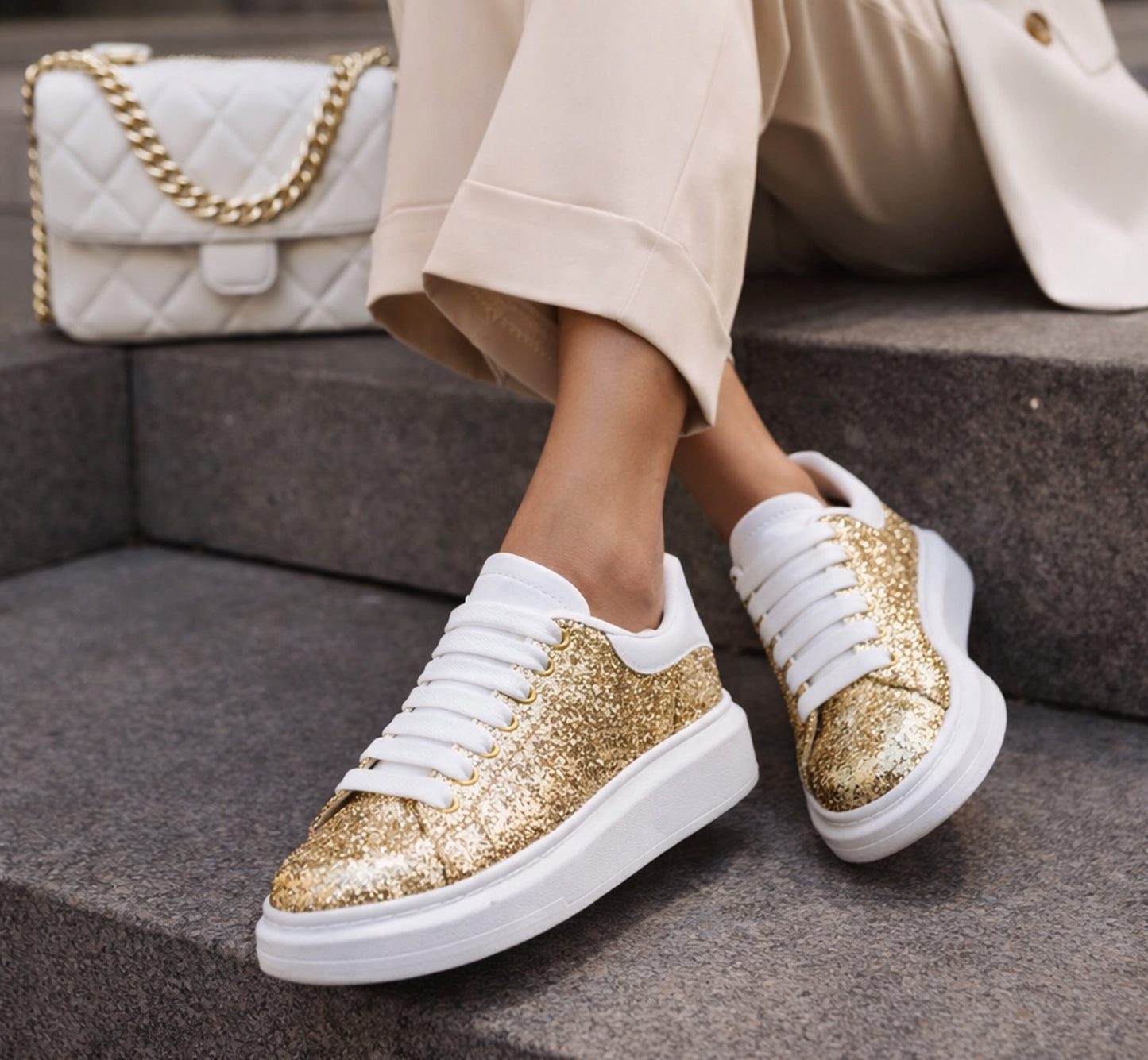 Womens Platform Trainers Ladies Lace Up Chunky Sole Casual Low Top Fashion Sneakers Gold Glitter