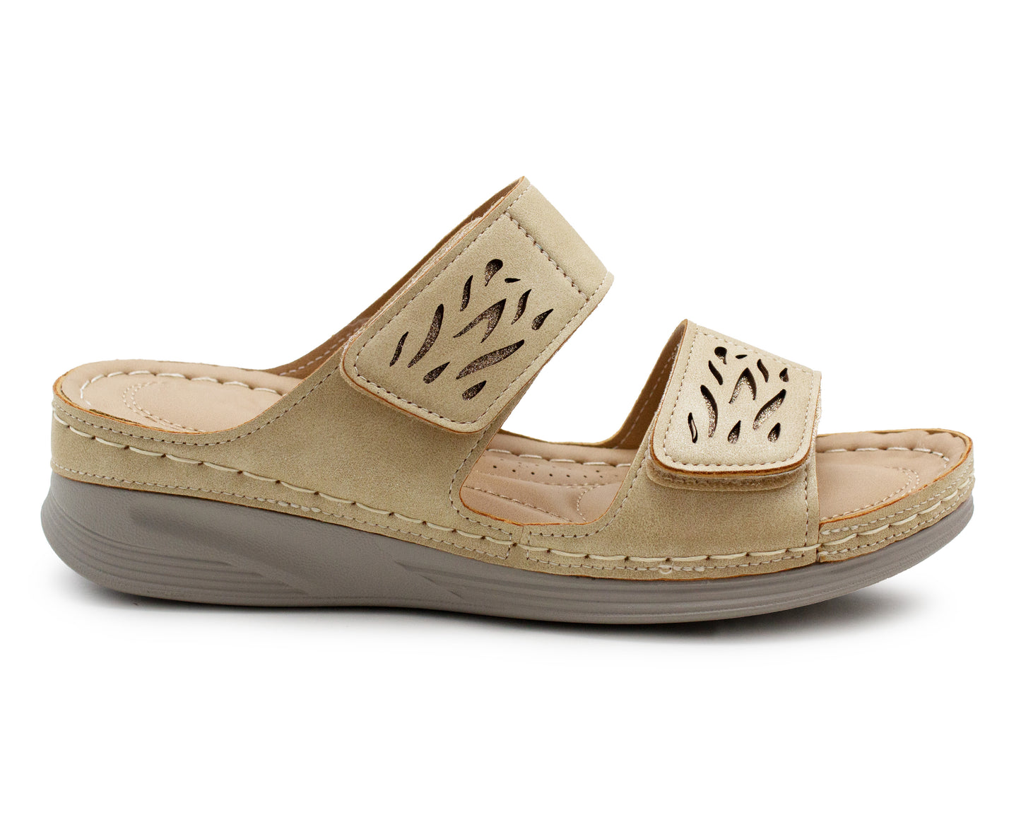 Womens Backless Sandals Touch Fasten Low Wedge Heel Open Toe Metallic Summer Ladies Fashion Sandal Beach Slides Shoes Gold