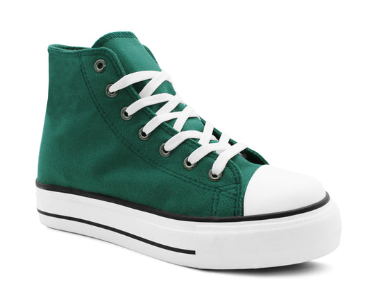 Womens High Top Canvas Trainers Green Lace Up Platform Baseball Sneakers Ladies Chunky Sole Flat Fashion Hi-Top Pumps