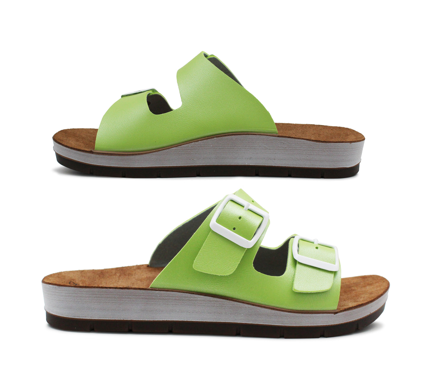 Womens Twin Buckle Strap Sandals in Green Adjustable Slip On Mule Flat Summer Casual Ladies Fashion Slides