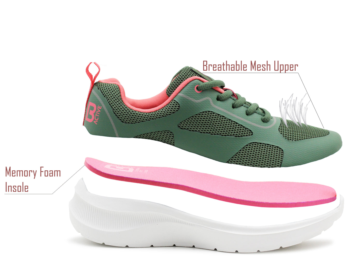 Womens Memory Foam Trainers Green Lace Up Lightweight Breathable Sneakers Fitness Running Fashion Trainers