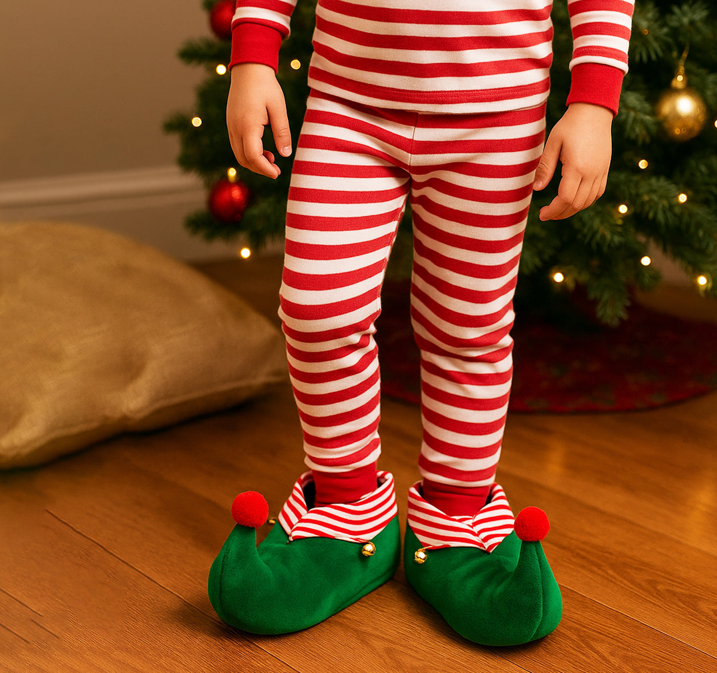 Kids Elf Slippers Unisex Christmas Novelty Jingle Bells Boys Girls Plush Slippers Slip On Fun Festive Costume House Shoes