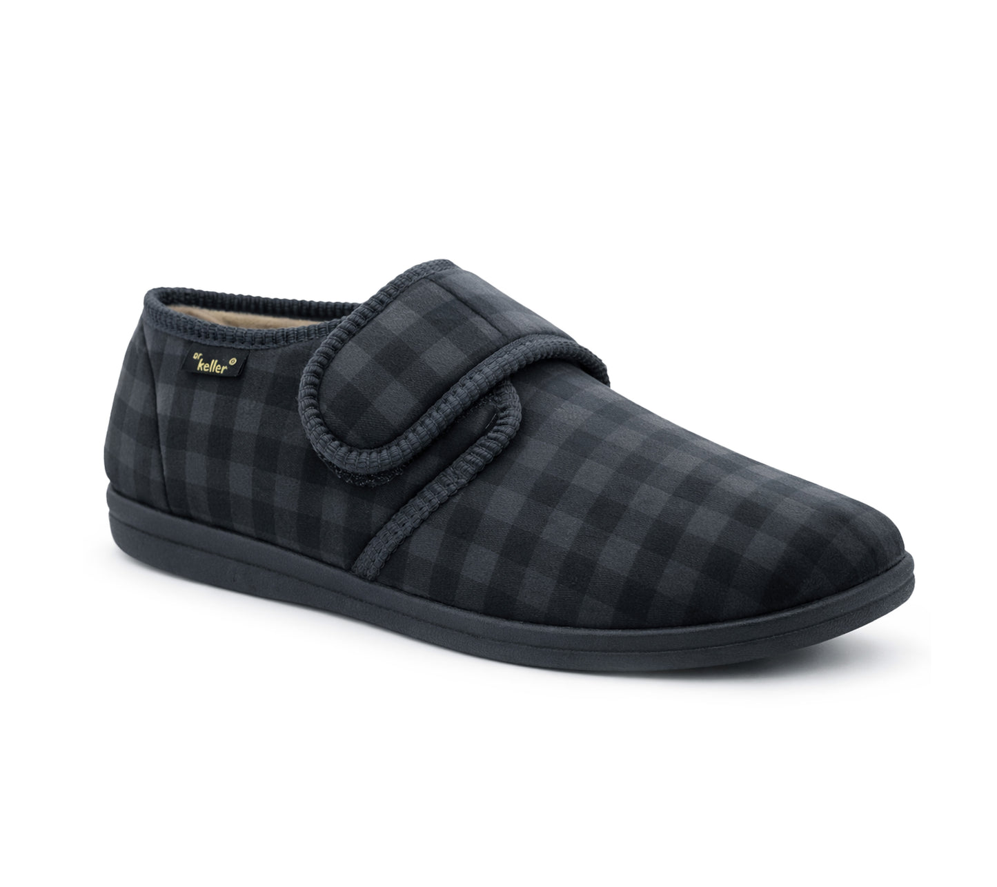 Mens Slippers Check Faux Fur Lined Thermal Wide Open Touch Fasten Straps House Shoes Grey