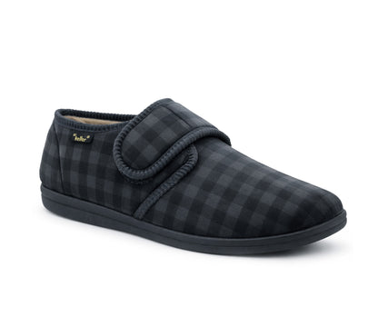 Mens Slippers Check Faux Fur Lined Thermal Wide Open Touch Fasten Straps House Shoes Grey