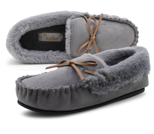 Womens Grey Faux Fur Lined Moccasins Indoor Winter Loafer House Shoes Moc Slippers