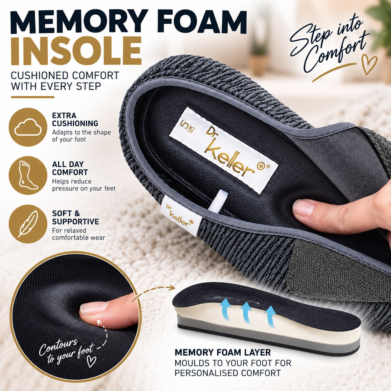 Womens EE Wide Fit Slippers Memory Foam Wide Opening Adjustable Ladies Touch Fasten House Shoes