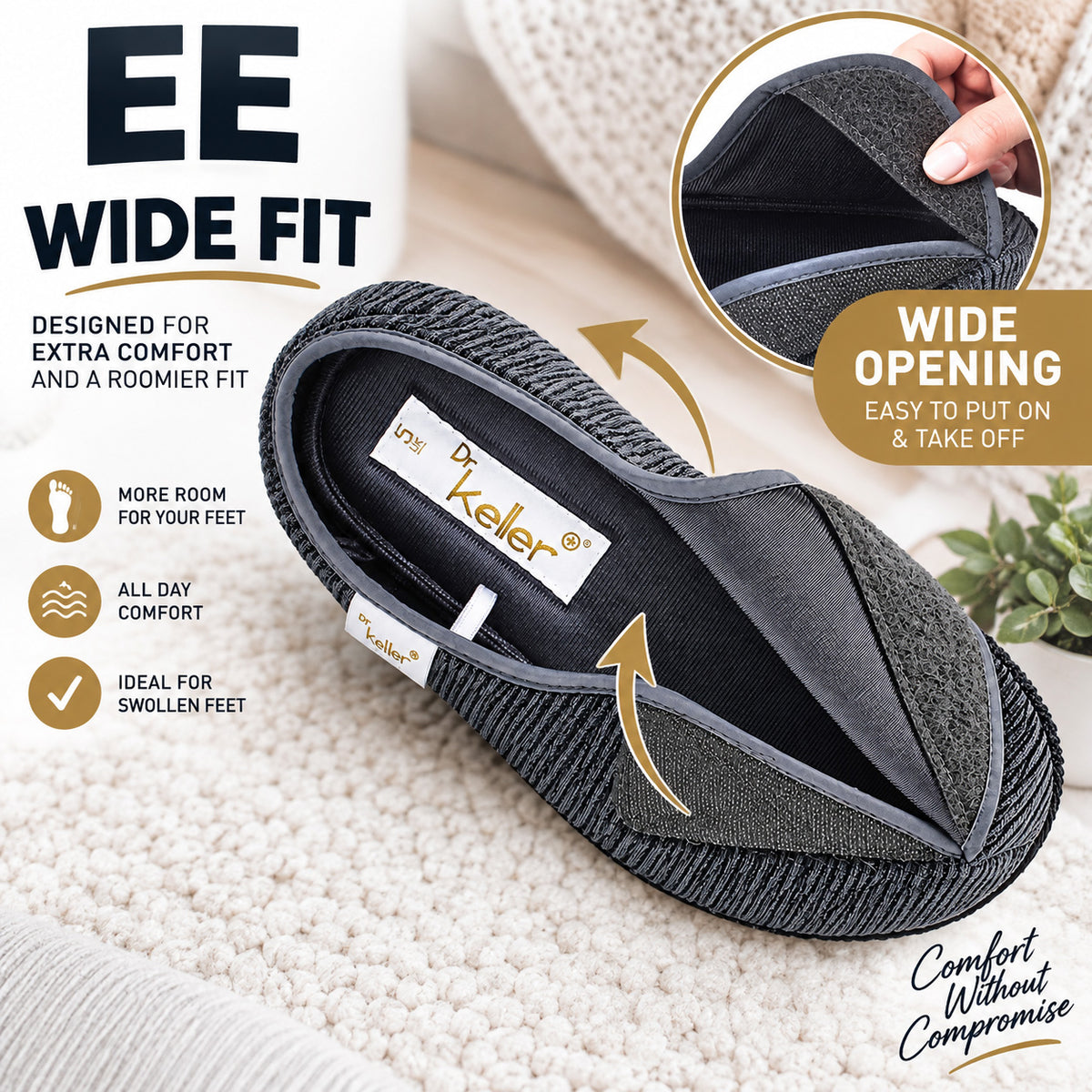 Womens EE Wide Fit Slippers Memory Foam Wide Opening Adjustable Ladies Touch Fasten House Shoes