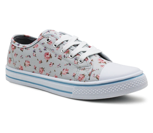 Womens Ladies Canvas Lace Up Denim Floral Baseball Sneakers Casual Flat Plimsoll Trainers Fashion Pumps Grey Floral