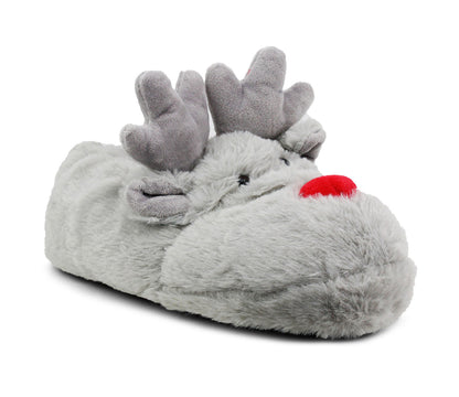 Womens Reindeer Novelty Slippers Character Grey Plush Ladies Festive Fun Christmas Fluffy Animal Slippers