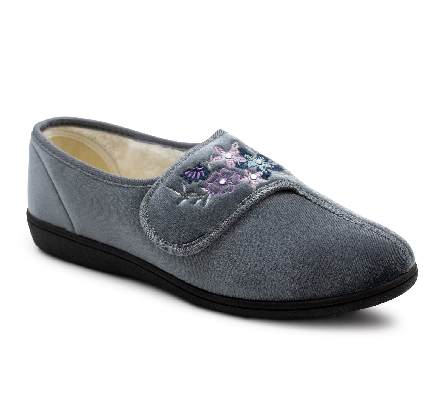 Womens Velour Slippers Faux Fur Lined Ladies Winter Wide Opening Diabetic Orthopaedic House Shoes