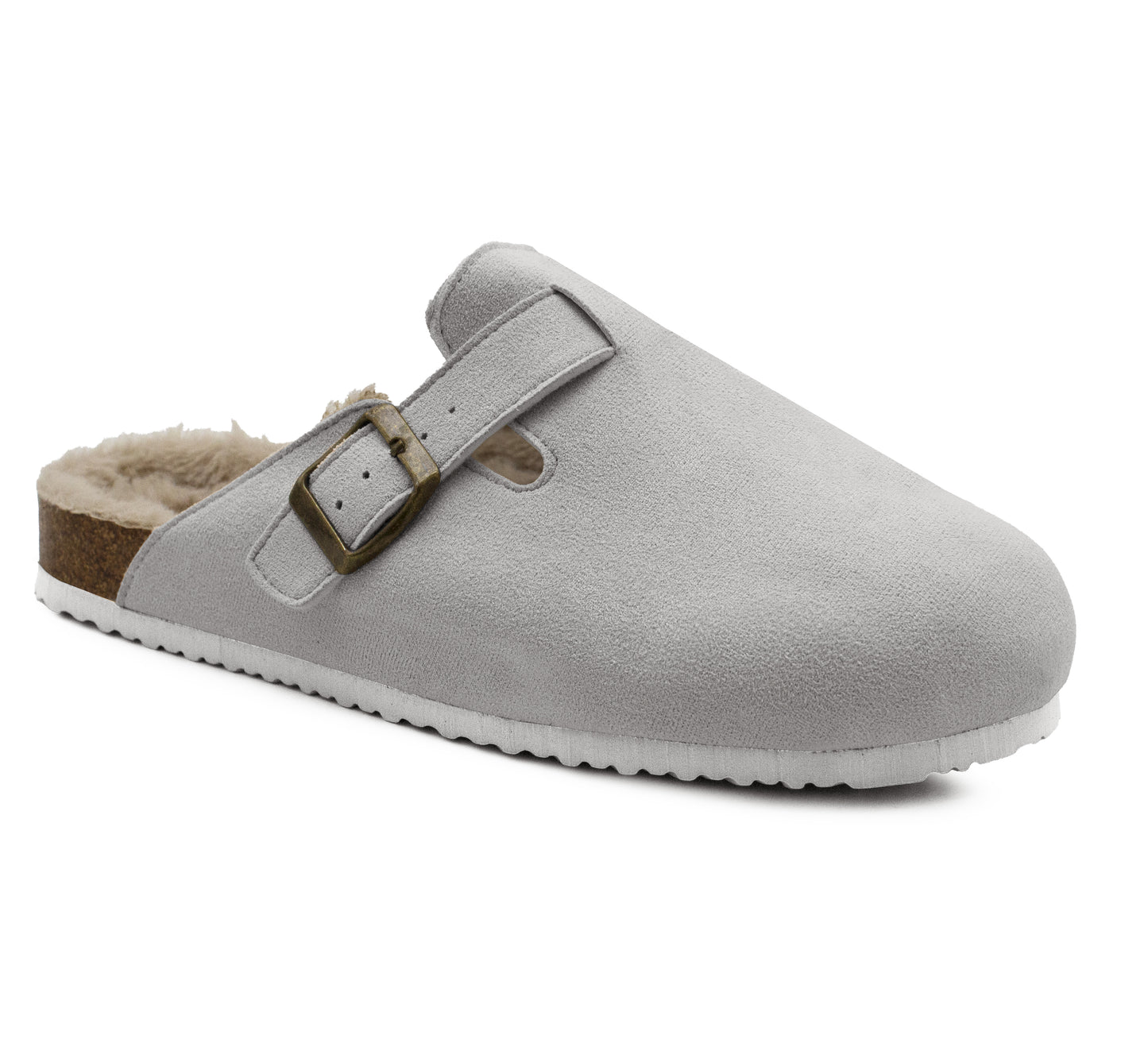 Womens Winter Grey Slippers Faux Fur Lined Suede Clogs Slip On Adjustable Buckle Cork Footbed Backless Mules Ladies Casual Slippers