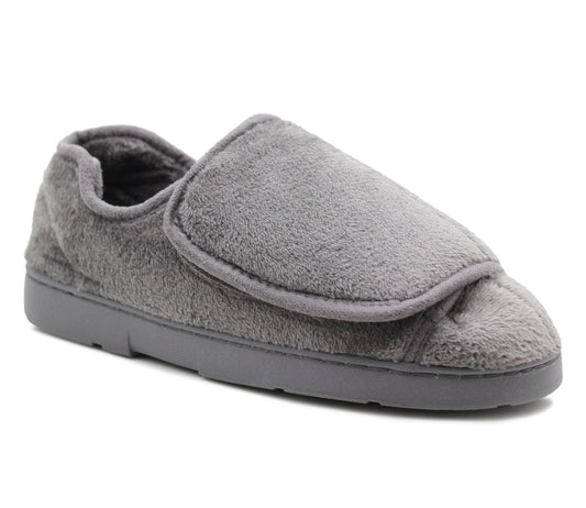 Dr Keller Womens Diabetic Wide Opening Slippers Grey Fur Touch Fasten Ladies Lightweight Slip On Soft House Shoes