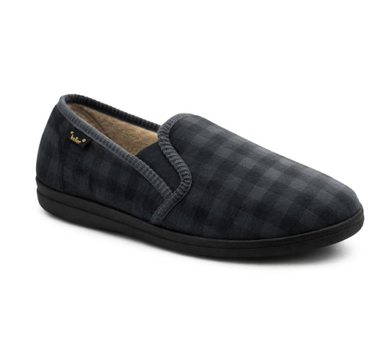 Mens Slippers Check Faux Fur Lined Thermal Slip On Elastic Stretch Gusset House Shoes Grey