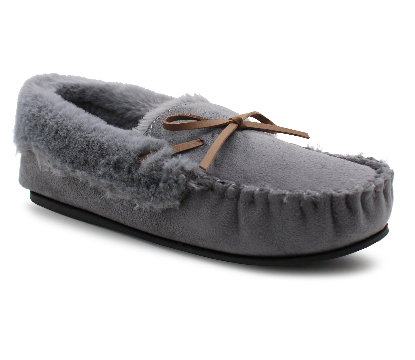 Womens Grey Faux Fur Lined Moccasins Indoor Winter Loafer House Shoes Moc Slippers