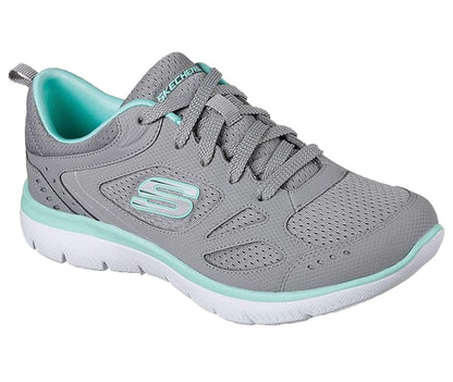 Skechers Women's Lace Up Low-Top Sneakers Skech-Flex Memory Foam Insole Grey Blue