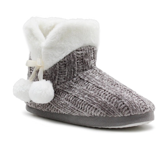 Womens Winter Grey Ankle Slippers Boots Knitted Faux Fur Lined Slip On Plush Cosy Lightweight Pom Pom Booties
