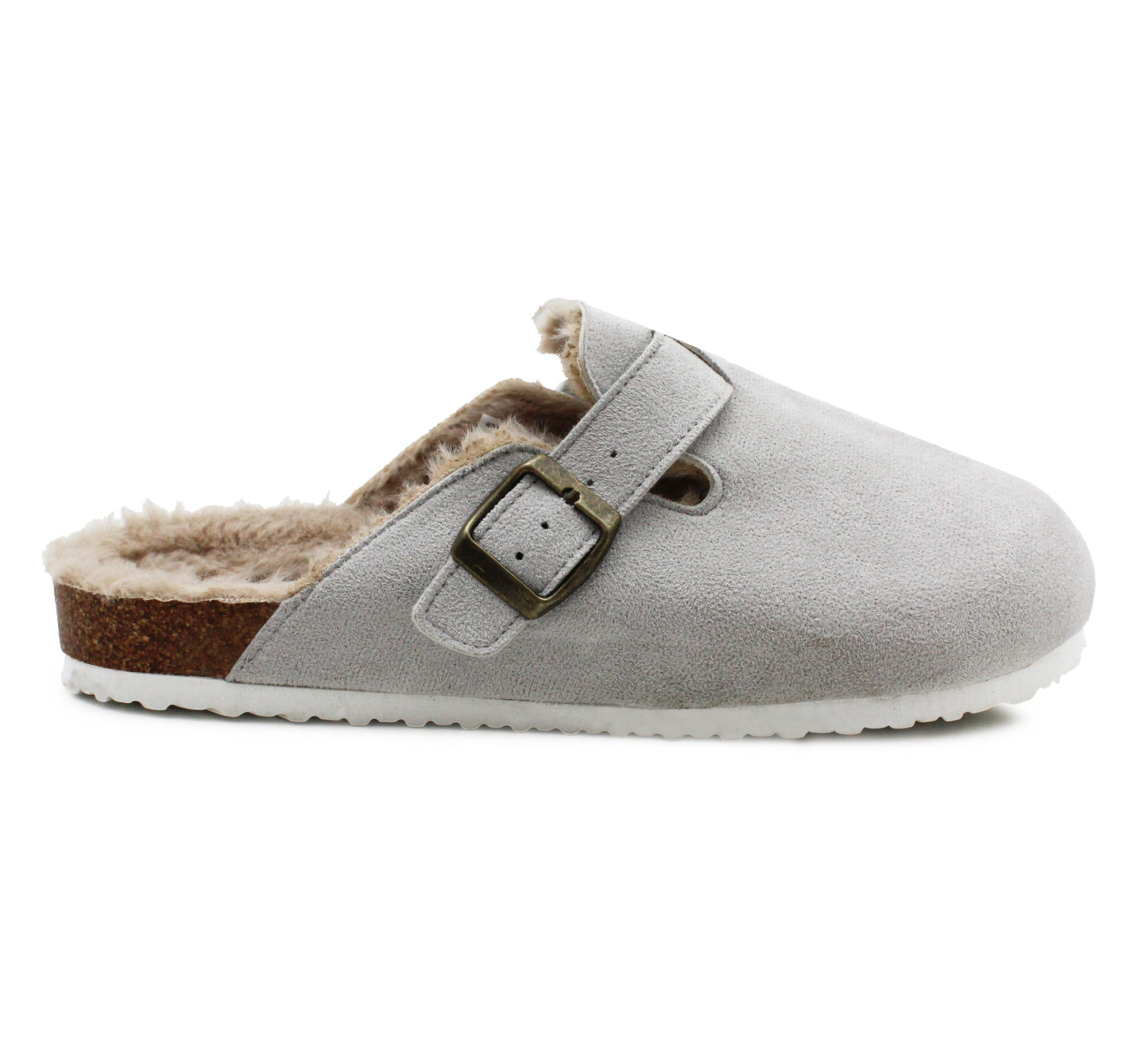 Womens Winter Grey Slippers Faux Fur Lined Suede Clogs Slip On Adjustable Buckle Cork Footbed Backless Mules Ladies Casual Slippers