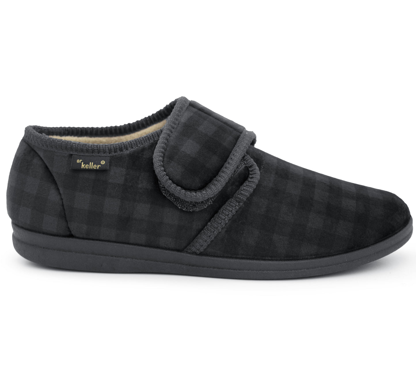 Mens Slippers Check Faux Fur Lined Thermal Wide Open Touch Fasten Straps House Shoes Grey