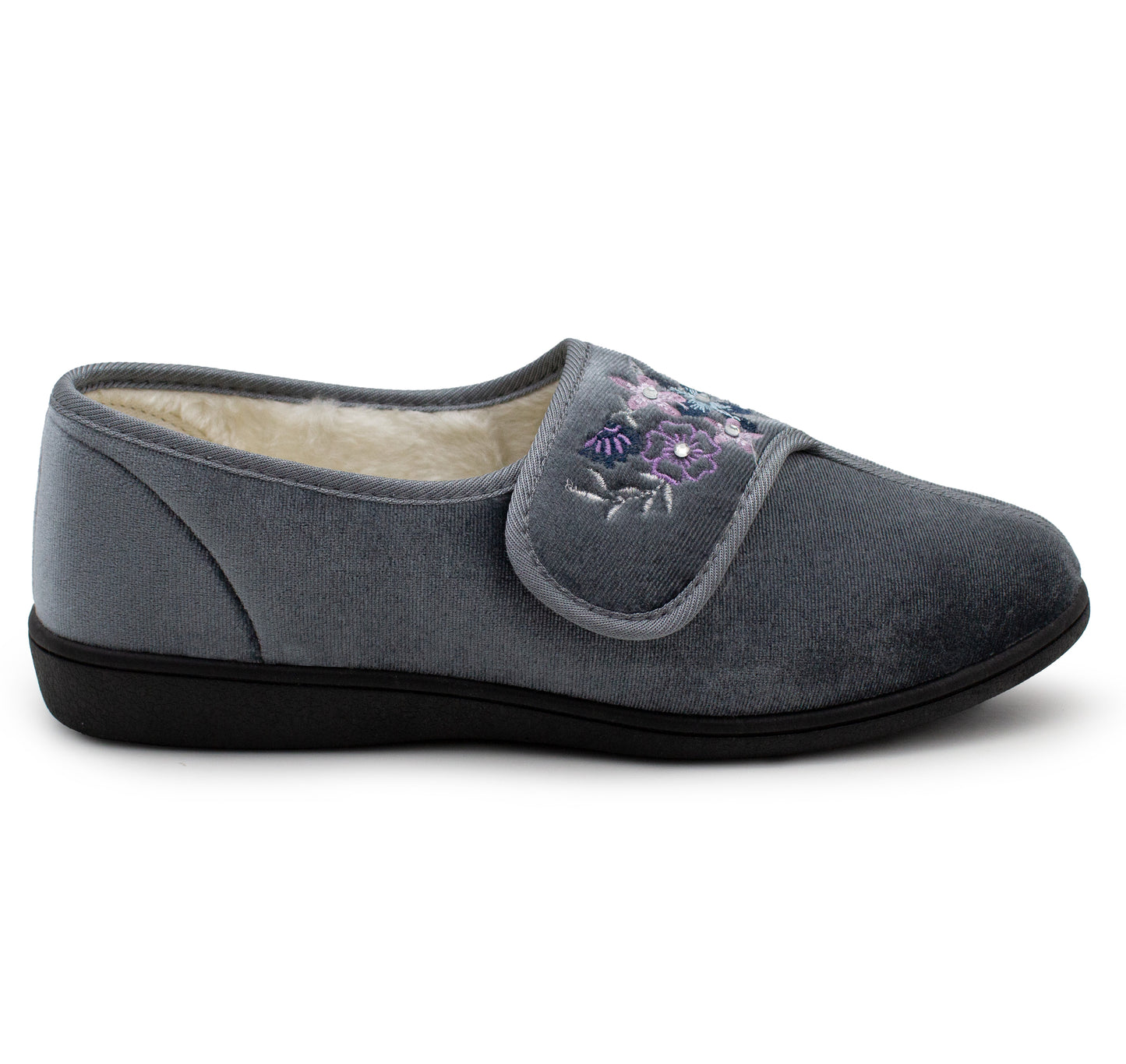 Womens Velour Slippers Faux Fur Lined Ladies Winter Wide Opening Diabetic Orthopaedic House Shoes