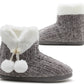 Womens Winter Grey Ankle Slippers Boots Knitted Faux Fur Lined Slip On Plush Cosy Lightweight Pom Pom Booties