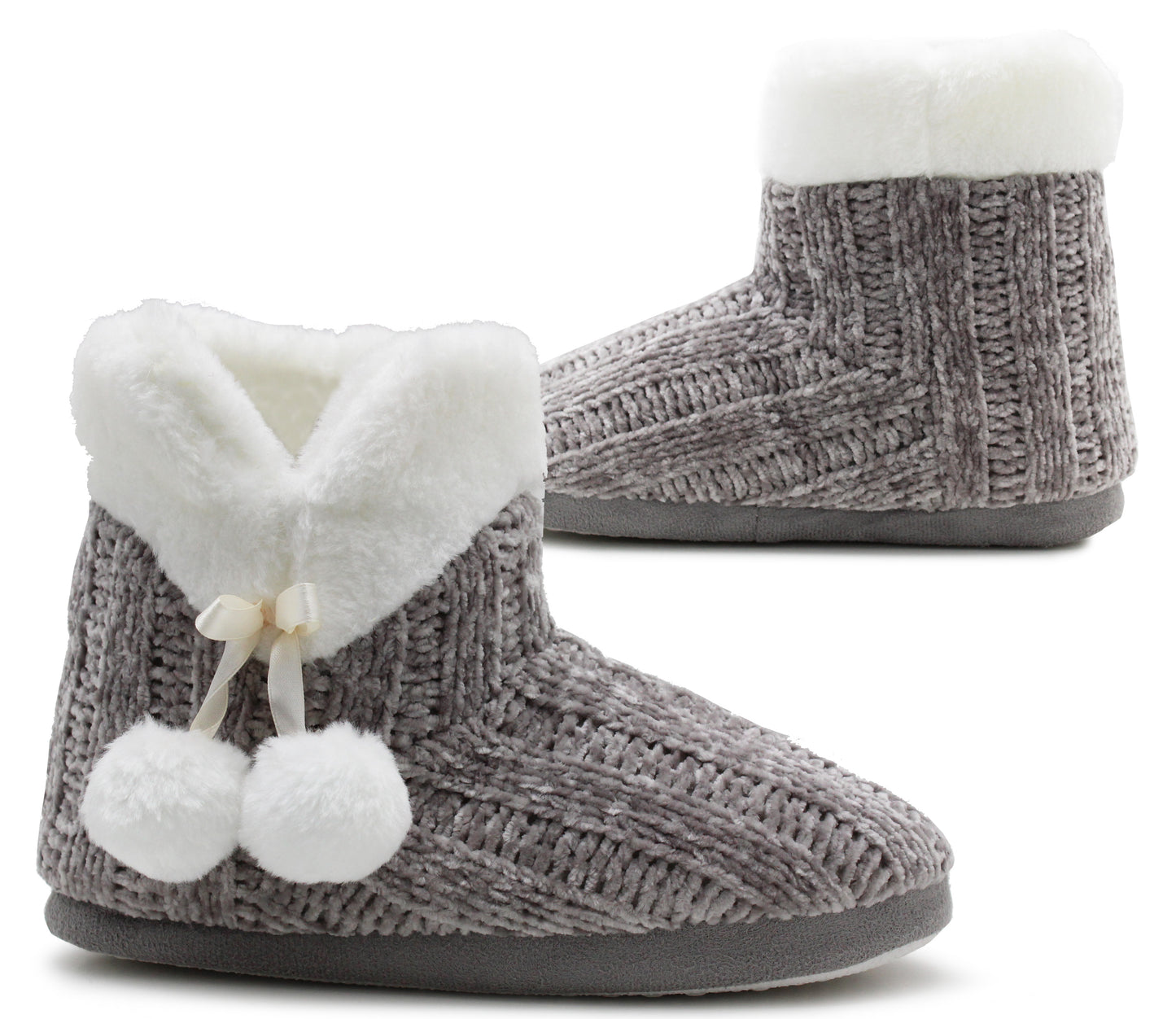 Womens Winter Grey Ankle Slippers Boots Knitted Faux Fur Lined Slip On Plush Cosy Lightweight Pom Pom Booties