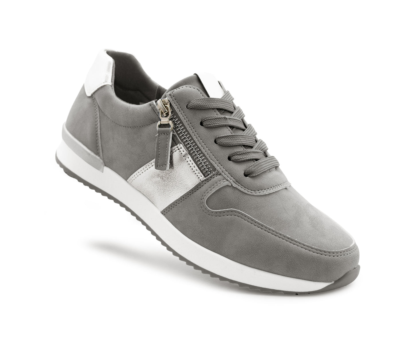 Womens Lace Up Trainers with Side Zip Fastening Ladies Fashion Sneaker Grey Metallic Casual Sports Shoes