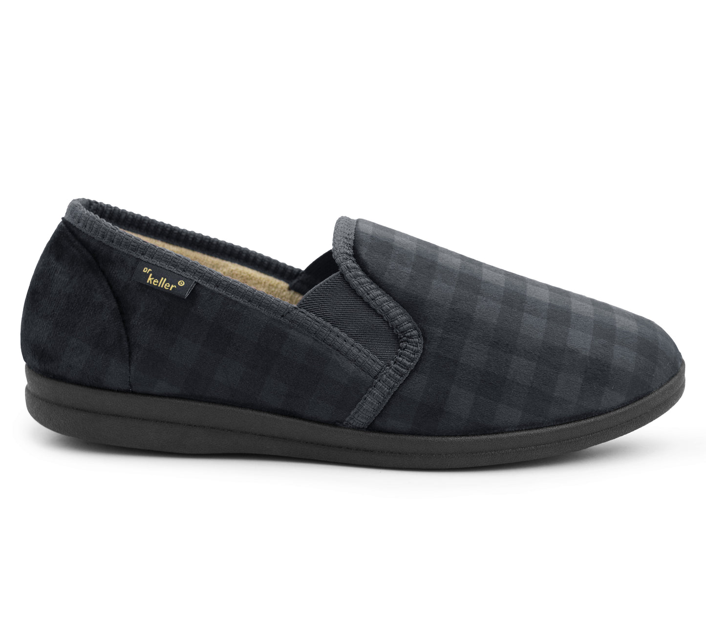 Mens Slippers Check Faux Fur Lined Thermal Slip On Elastic Stretch Gusset House Shoes Grey