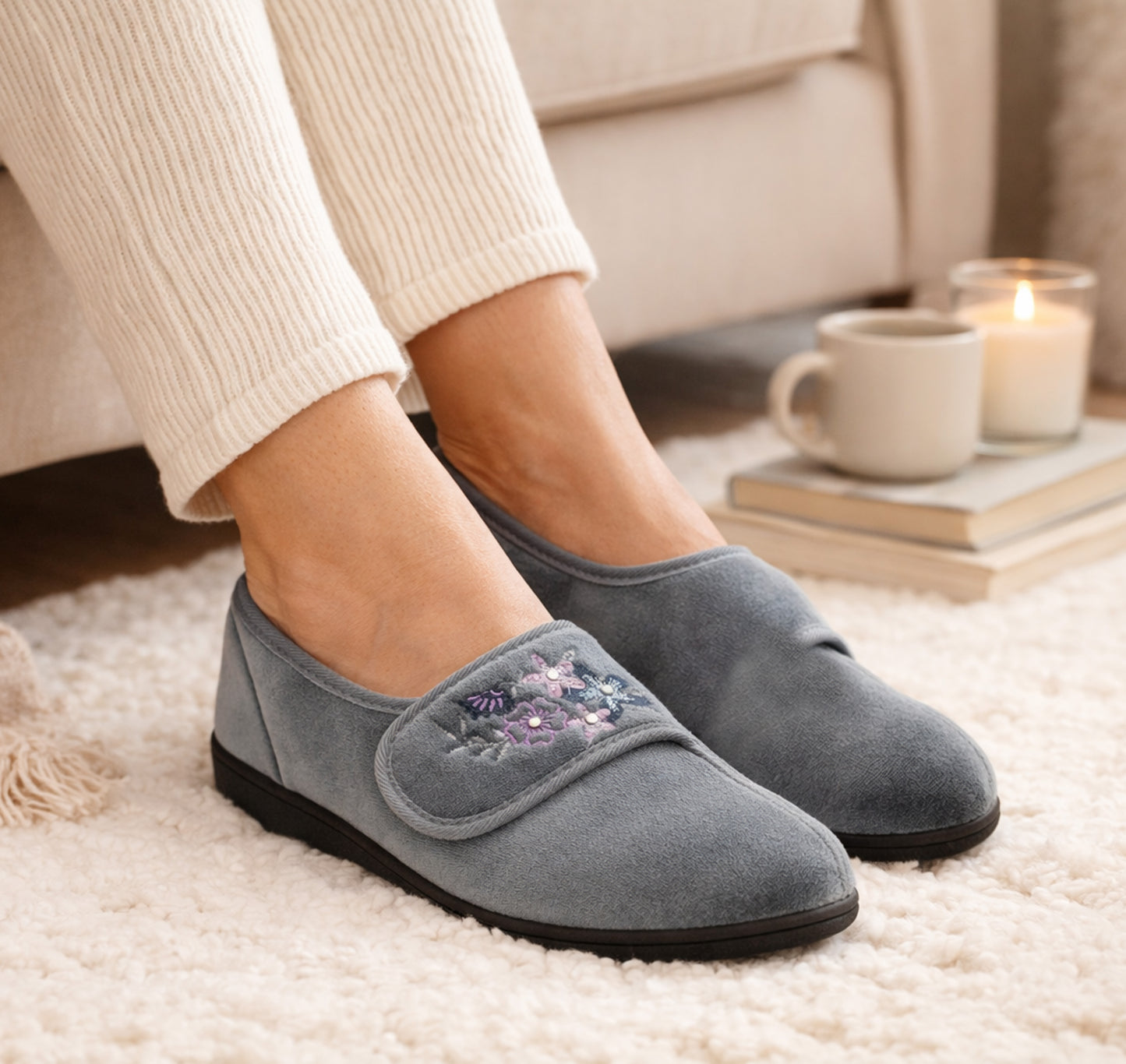 Womens Velour Slippers Faux Fur Lined Ladies Winter Wide Opening Diabetic Orthopaedic House Shoes