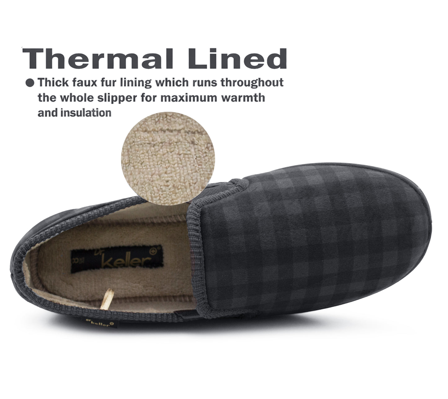 Mens Slippers Check Faux Fur Lined Thermal Slip On Elastic Stretch Gusset House Shoes Grey