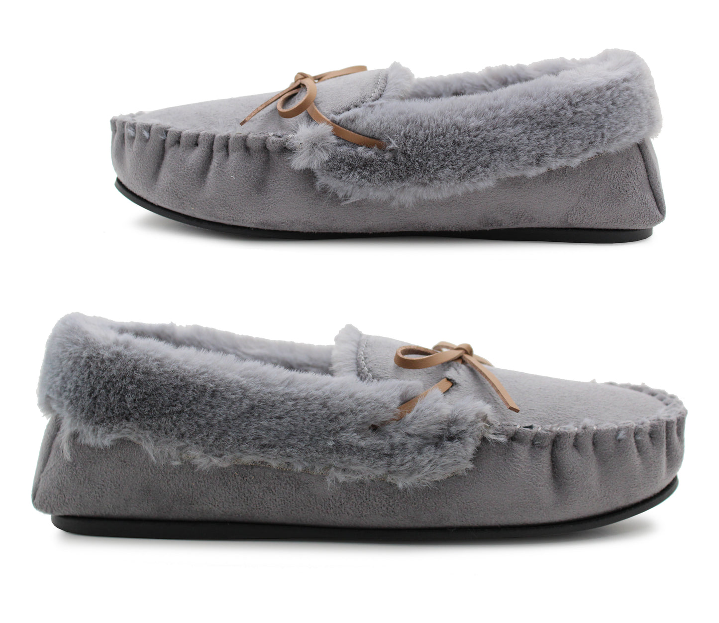 Womens Grey Faux Fur Lined Moccasins Indoor Winter Loafer House Shoes Moc Slippers