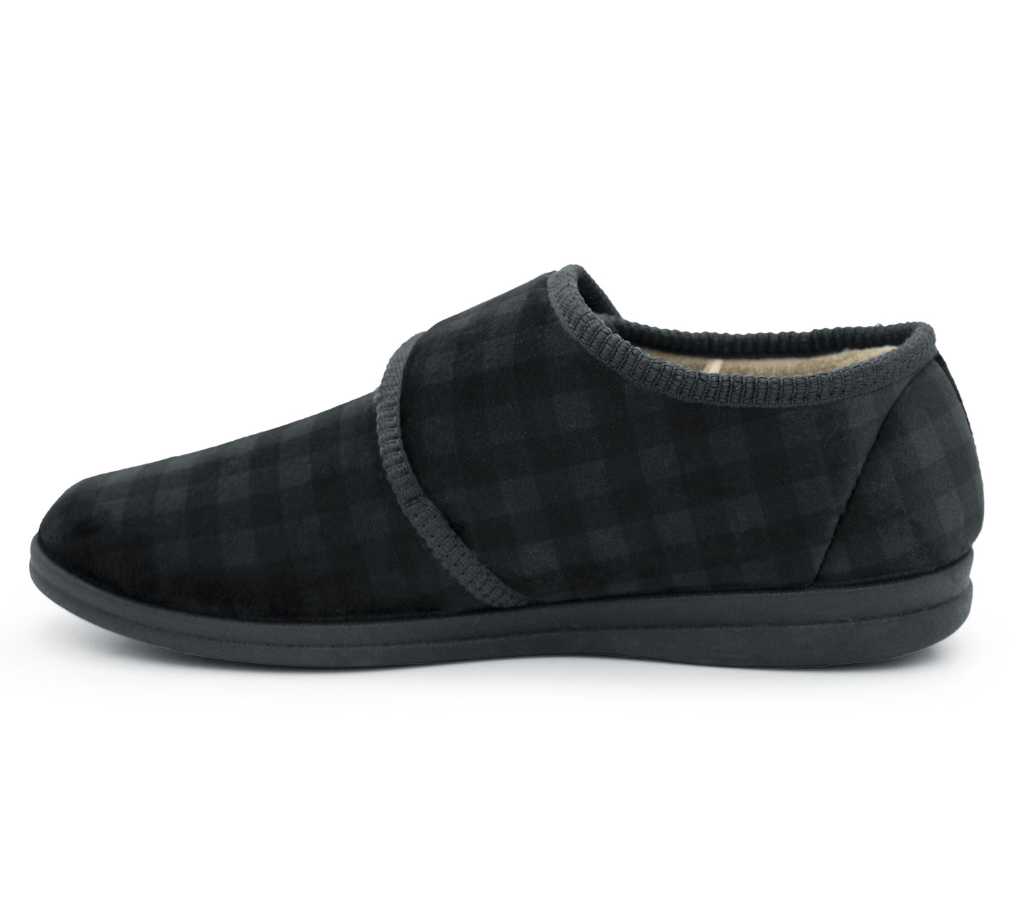 Mens Slippers Check Faux Fur Lined Thermal Wide Open Touch Fasten Straps House Shoes Grey