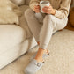 Womens Winter Grey Slippers Faux Fur Lined Suede Clogs Slip On Adjustable Buckle Cork Footbed Backless Mules Ladies Casual Slippers