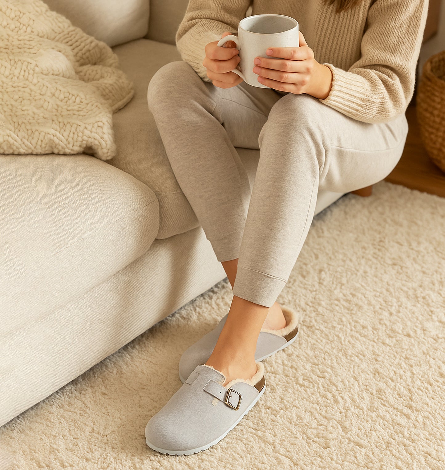 Womens Winter Grey Slippers Faux Fur Lined Suede Clogs Slip On Adjustable Buckle Cork Footbed Backless Mules Ladies Casual Slippers