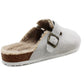 Womens Winter Grey Slippers Faux Fur Lined Suede Clogs Slip On Adjustable Buckle Cork Footbed Backless Mules Ladies Casual Slippers
