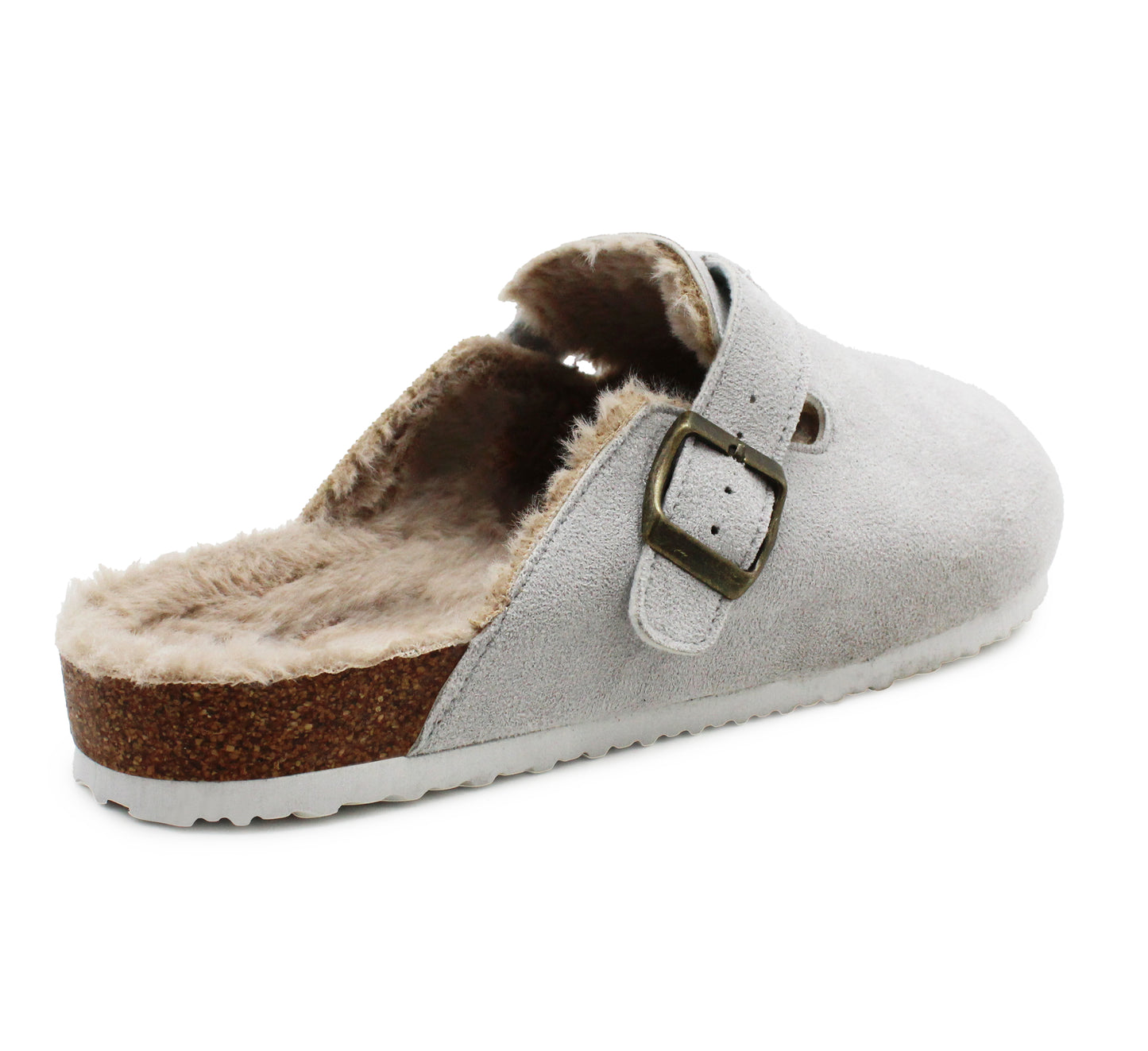Womens Winter Grey Slippers Faux Fur Lined Suede Clogs Slip On Adjustable Buckle Cork Footbed Backless Mules Ladies Casual Slippers