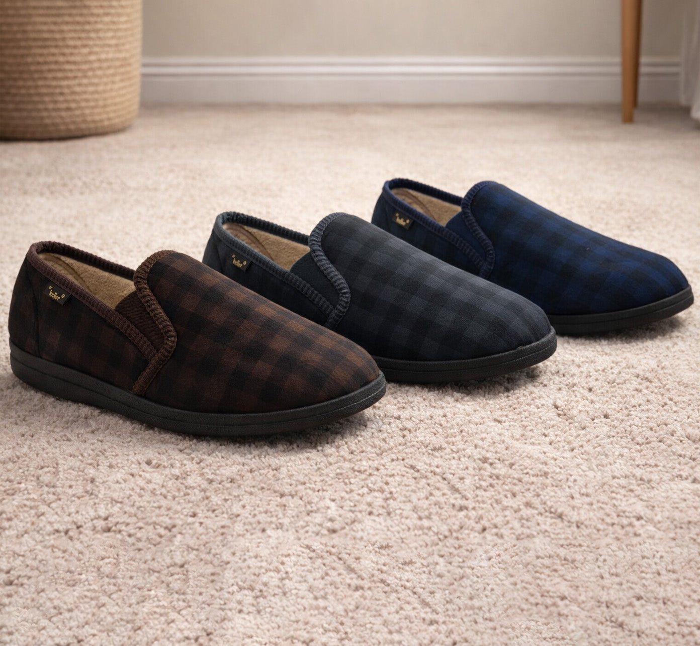 Mens Slippers Check Faux Fur Lined Thermal Slip On Elastic Stretch Gusset House Shoes Grey