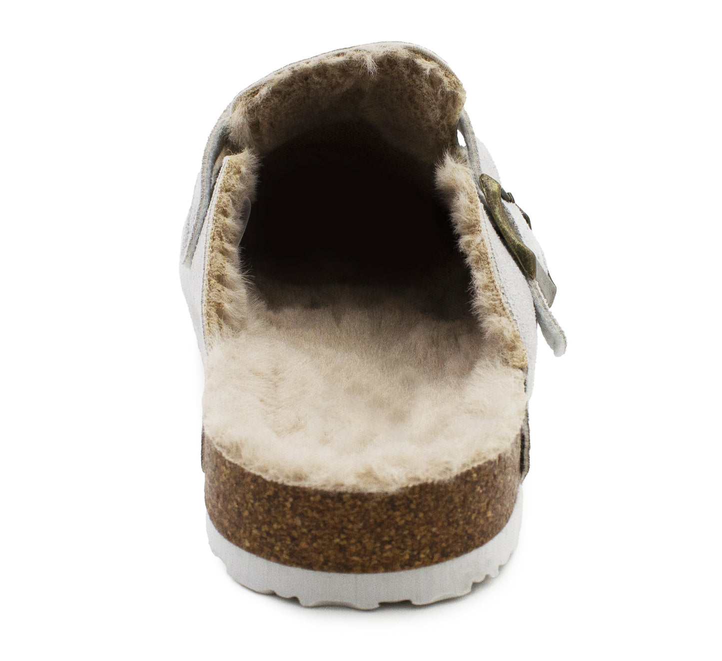 Womens Winter Grey Slippers Faux Fur Lined Suede Clogs Slip On Adjustable Buckle Cork Footbed Backless Mules Ladies Casual Slippers