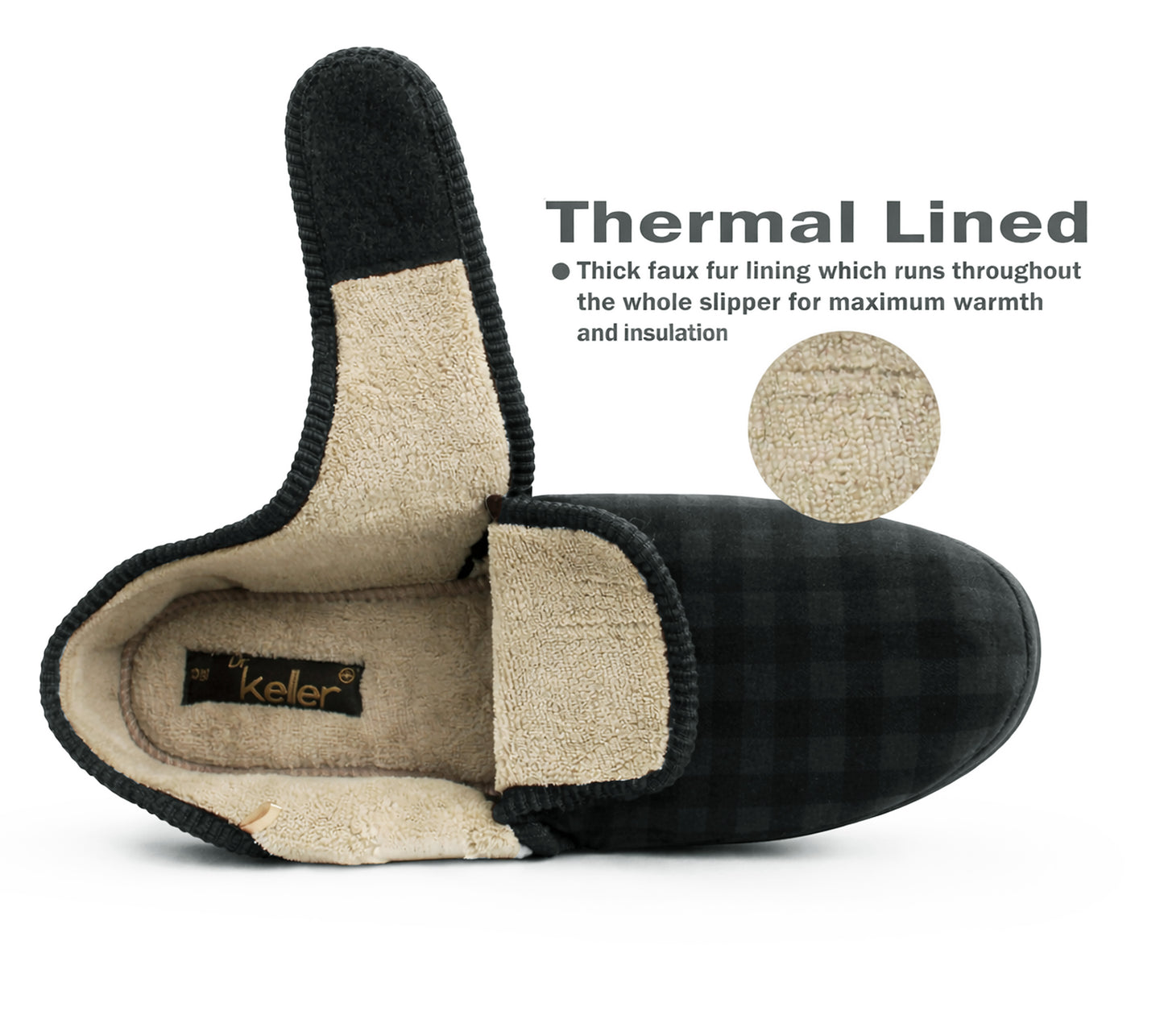 Mens Slippers Check Faux Fur Lined Thermal Wide Open Touch Fasten Straps House Shoes Grey